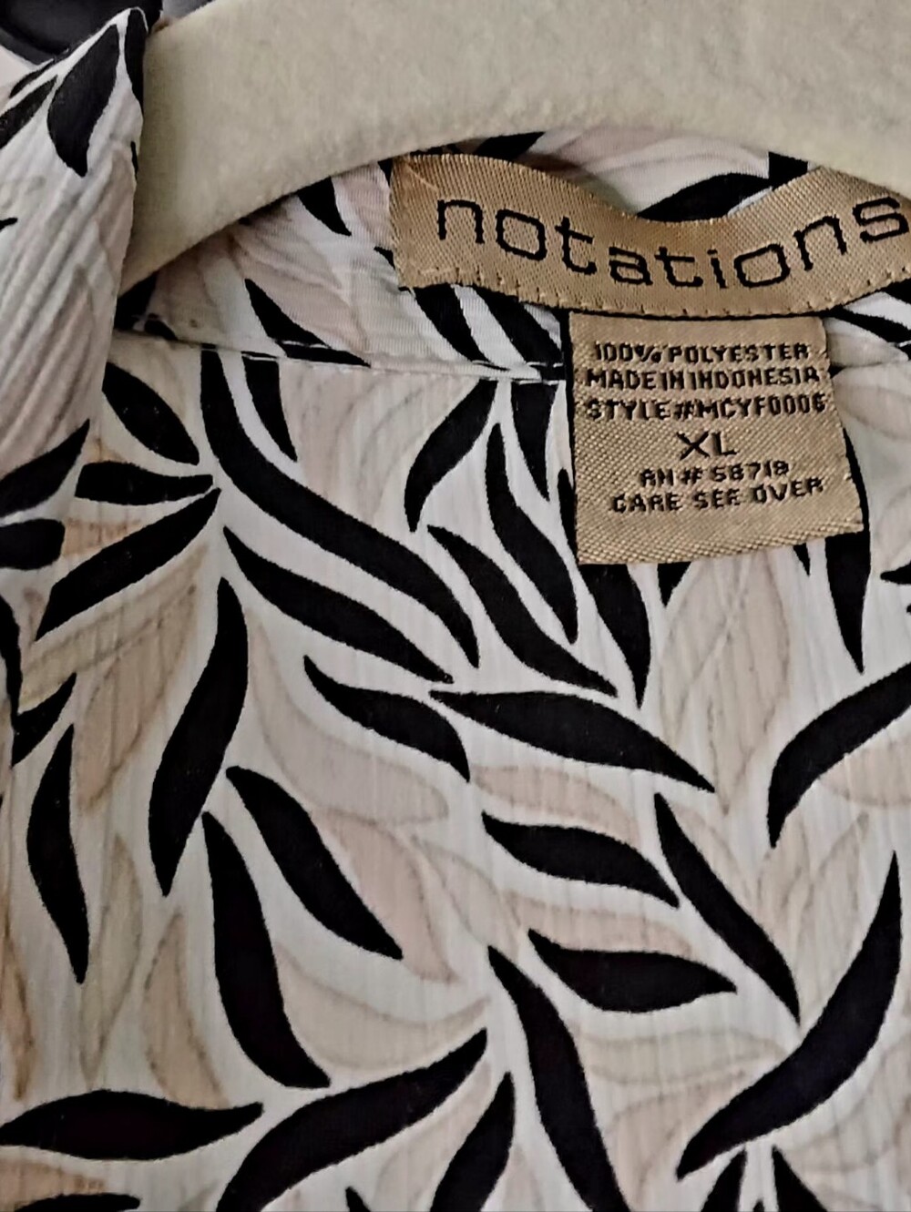 Notations Brand. Short Sleeve Beige Shirt with Black Leaf Print, Black Underlay - Picture 3 of 3
